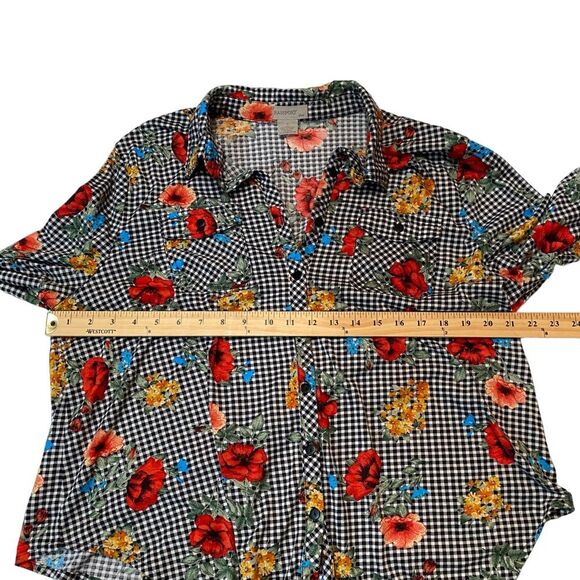 Passport Plus Checkered Floral Tie Front Button Down Shirt Blouse Plus Sz 2X - Picture 4 of 8